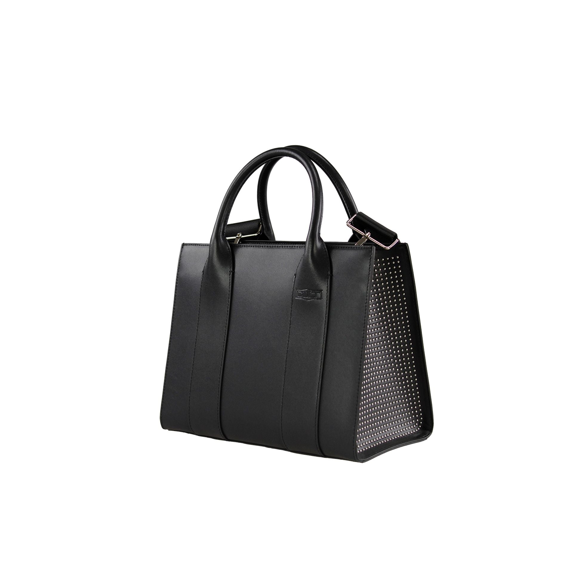 Bolso de mano CULT negro con asas dobles y laterales con tachuelas.
