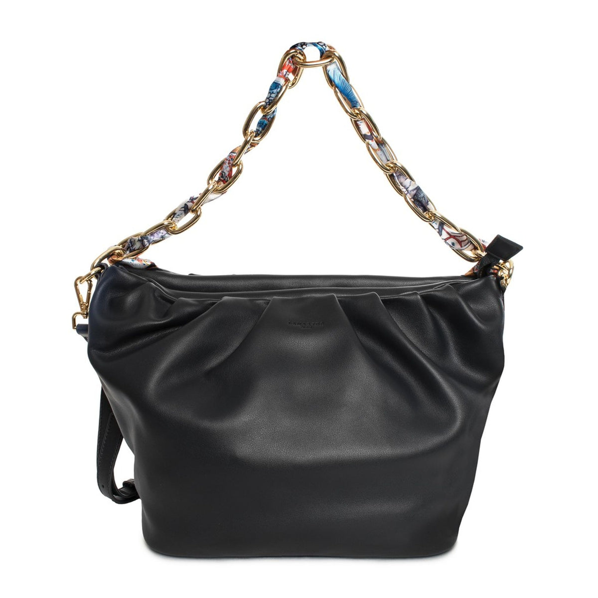 Bolso Lamarthe Afrodite negro de piel con asa de cadena dorada y pañuelo estampado