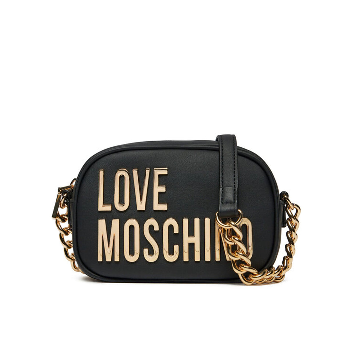 Vista frontal del bolso Love Moschino con logo dorado en relieve