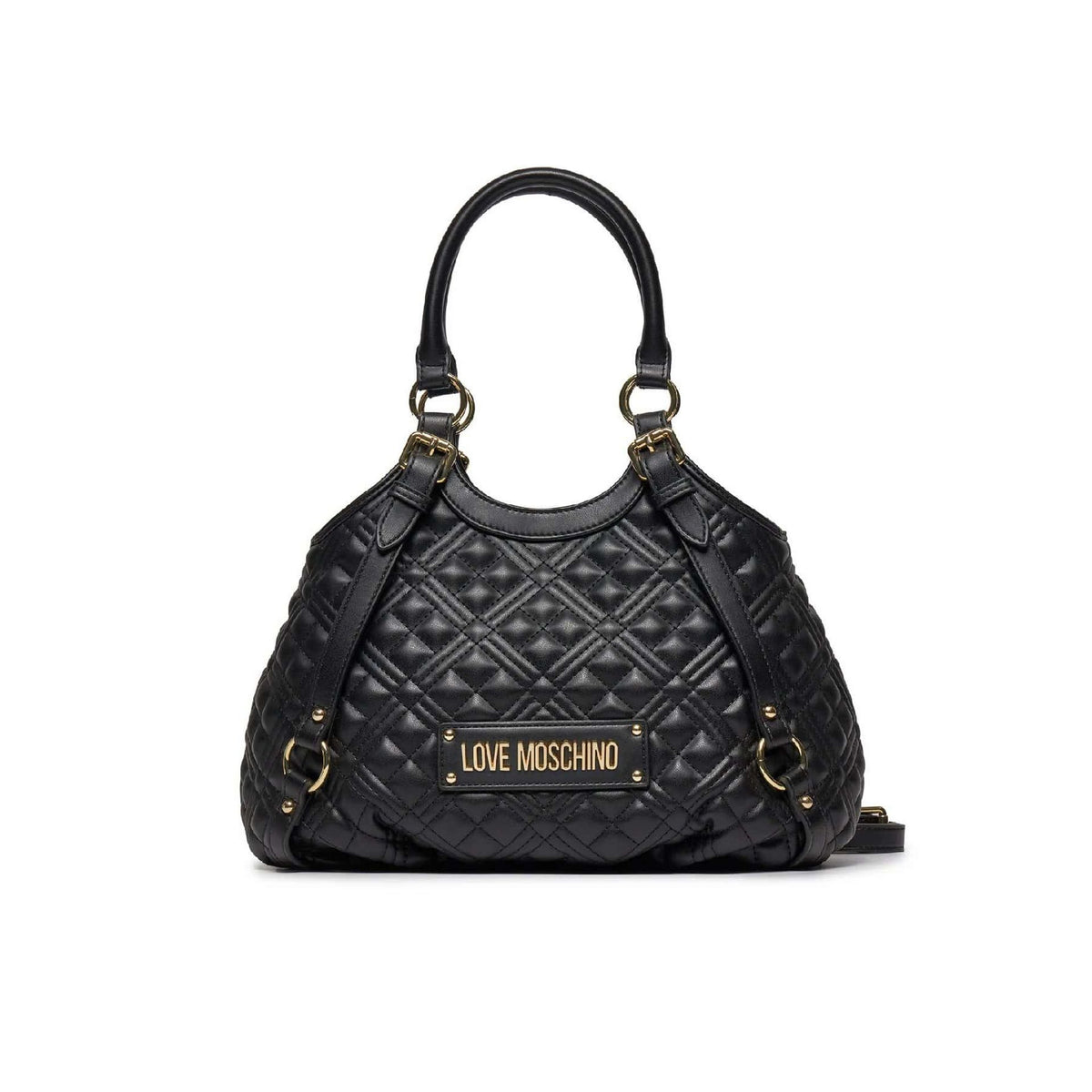 Vista frontal del bolso Love Moschino negro con logo dorado.