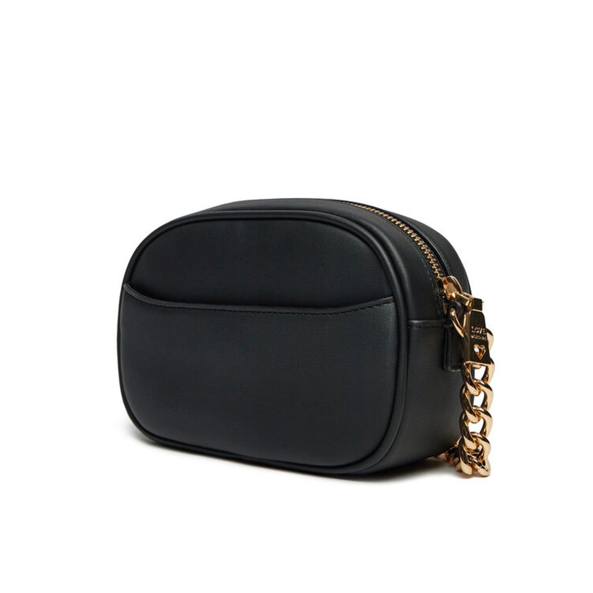 Parte trasera del bolso negro Love Moschino con acabado liso