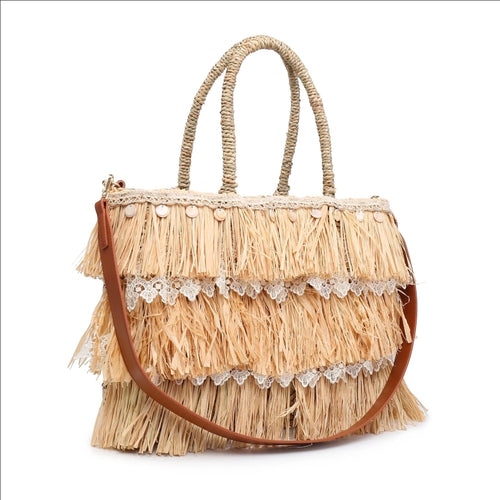 Bolso de rafia natural con flecos decorativos, encaje y correa bandolera para mujer.