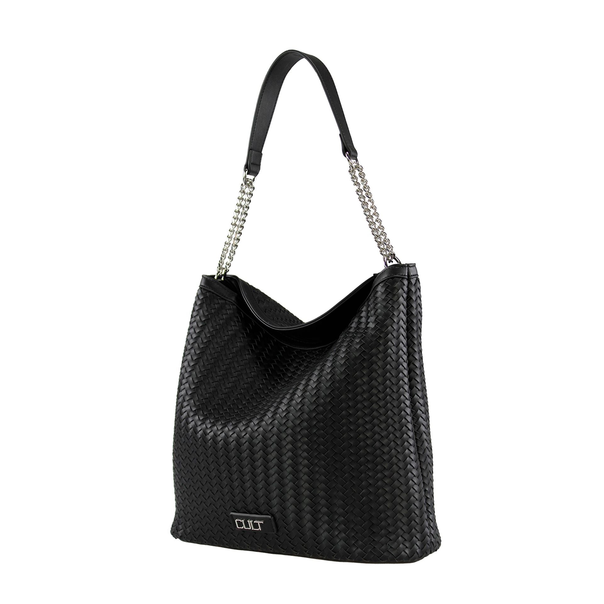 Bolso shopper CULT negro con efecto trenzado y asas de cadena frontal.