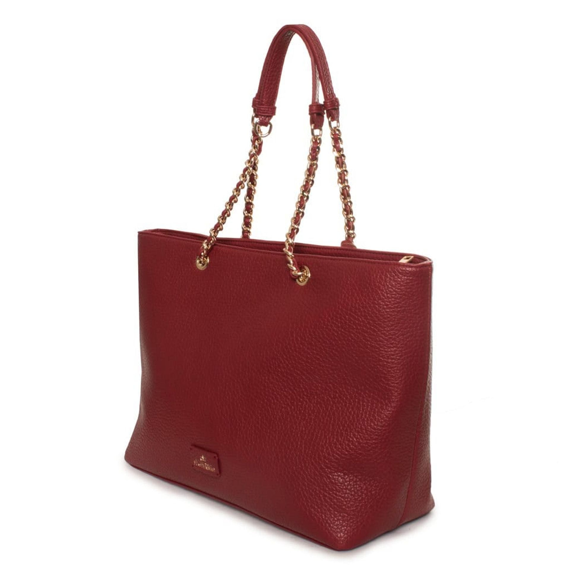 Bolso de hombro rojo con asas y logo metálico vista trasera