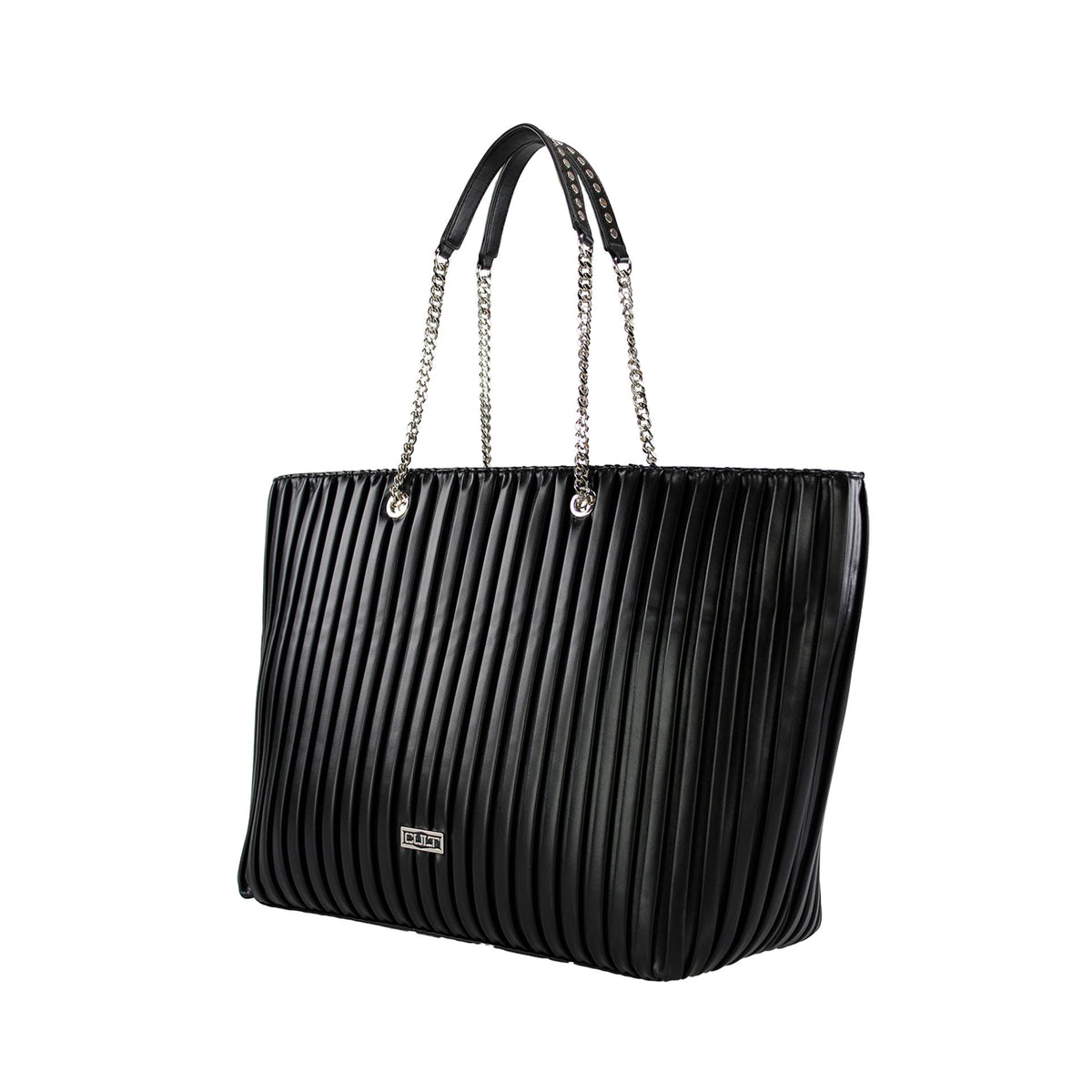 Bolso shopping CULT plisado en negro con asas de cadena frontal.
