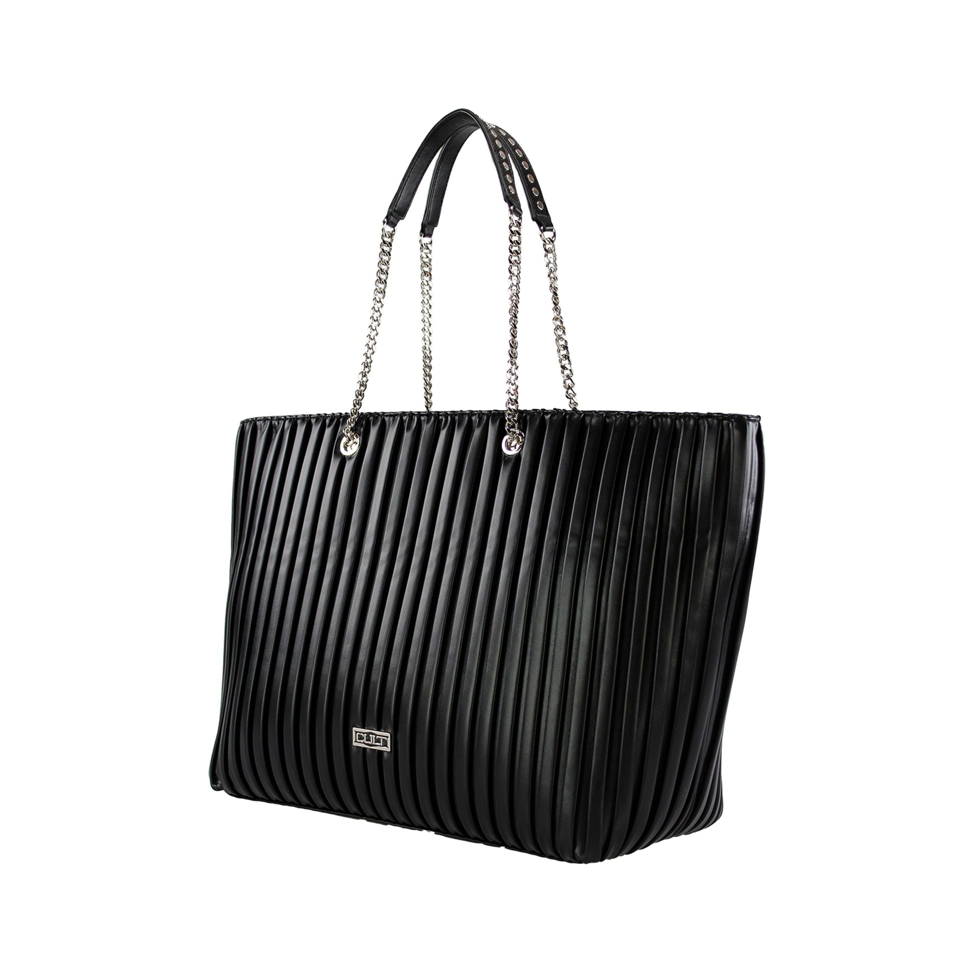 Bolso shopping CULT plisado en negro con asas de cadena frontal.