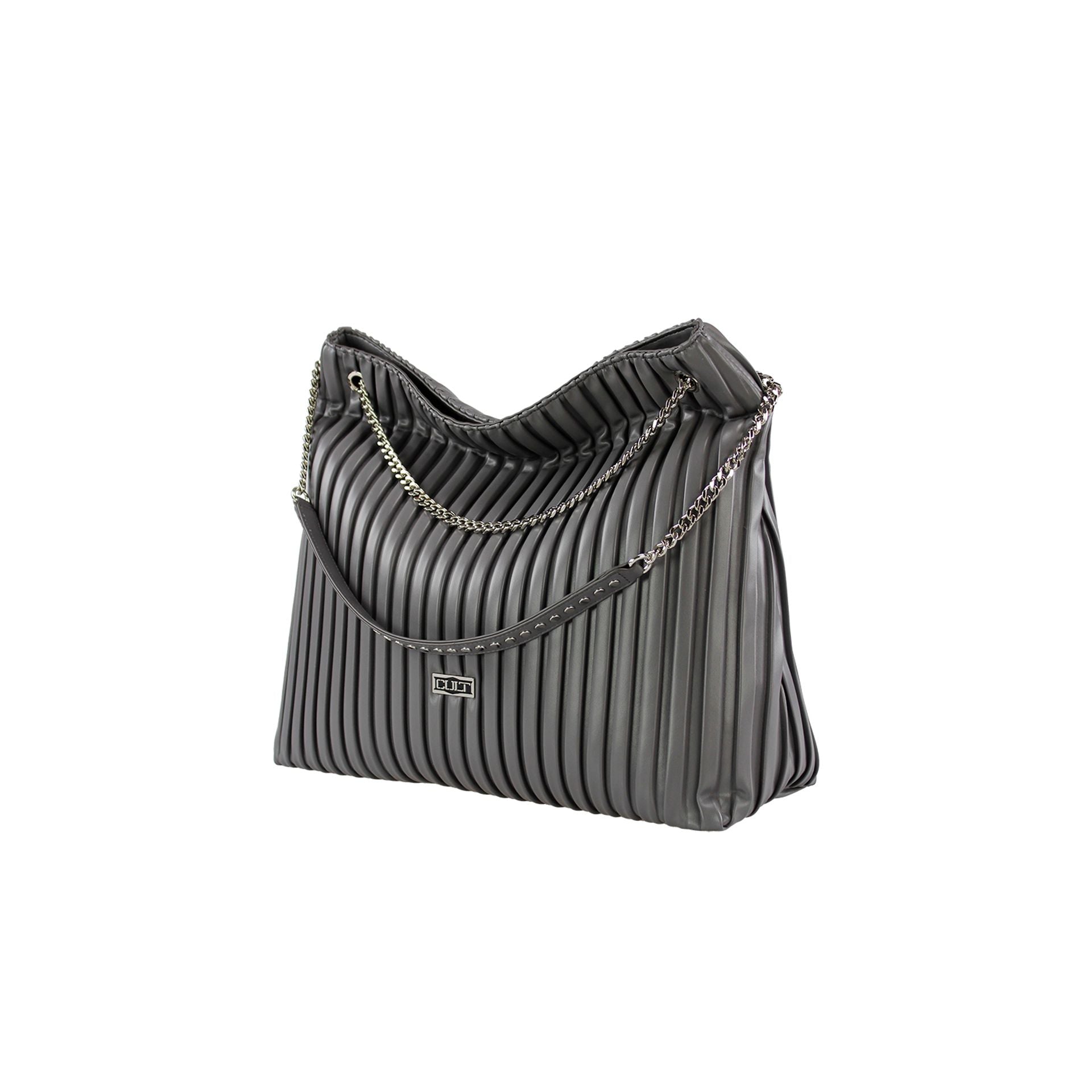 Bolso shopping CULT plisado gris con cadena metálica y cierre de cremallera.