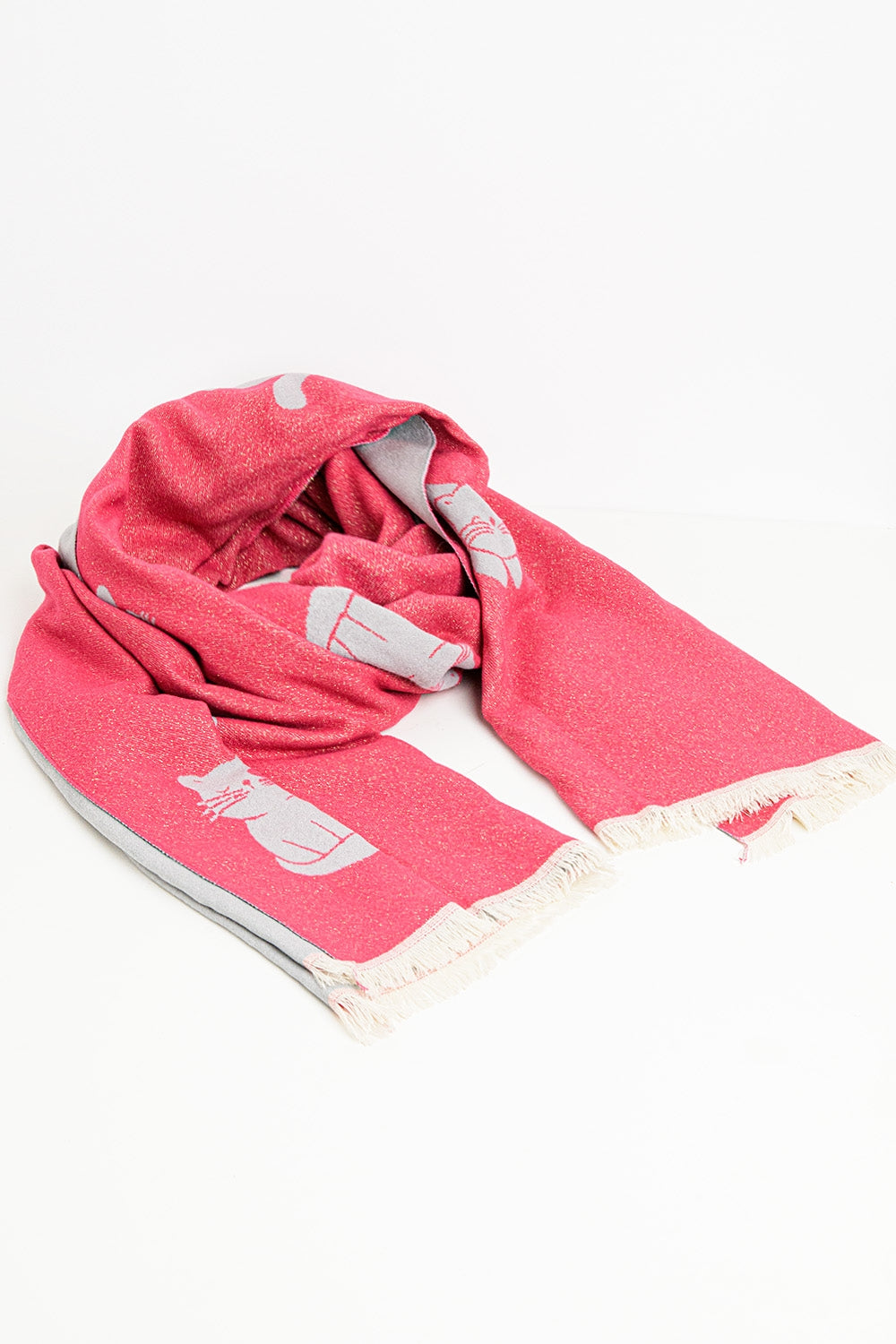 Bufanda ancha de punto suave en rosa con estampado de gato