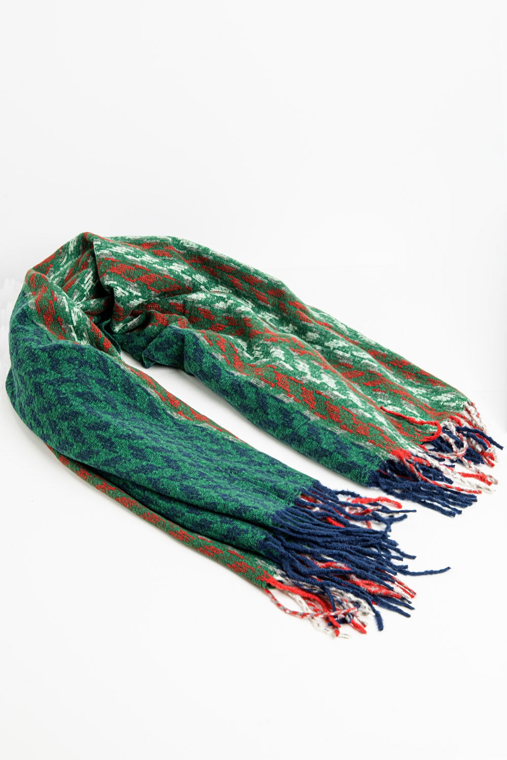 Bufanda de diseño pata de gallo en verde y rojo