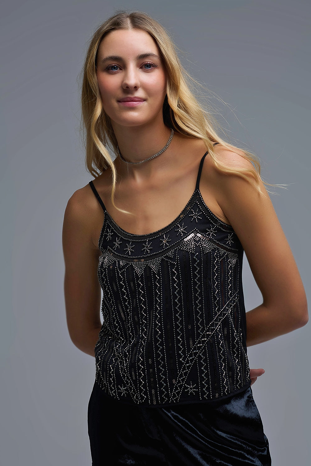 Cami Top vintage de lentejuelas bordadas en negro