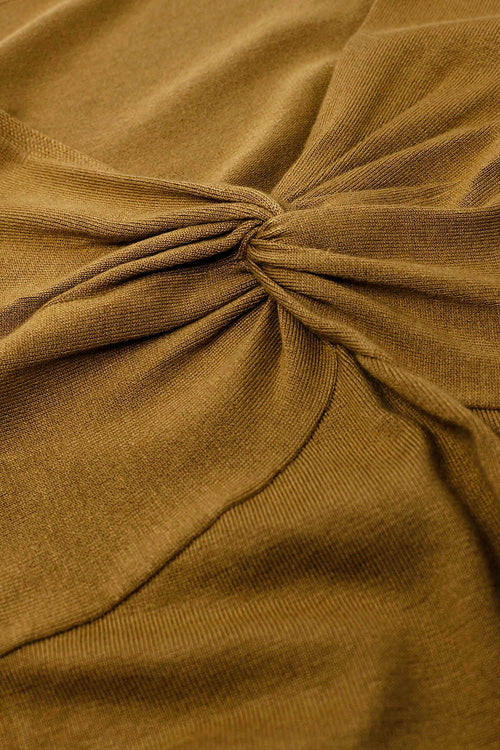 Drtalle tejido de punto Top camel de manga larga con detalle de nudo y cuello de pico