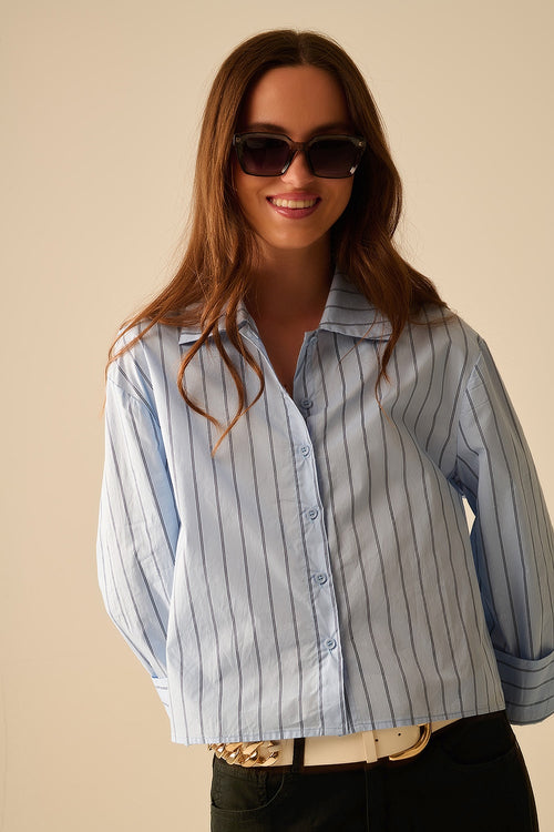 camisa corta de popelina a rayas azules