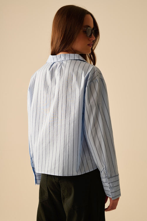 camisa corta de popelina a rayas azules