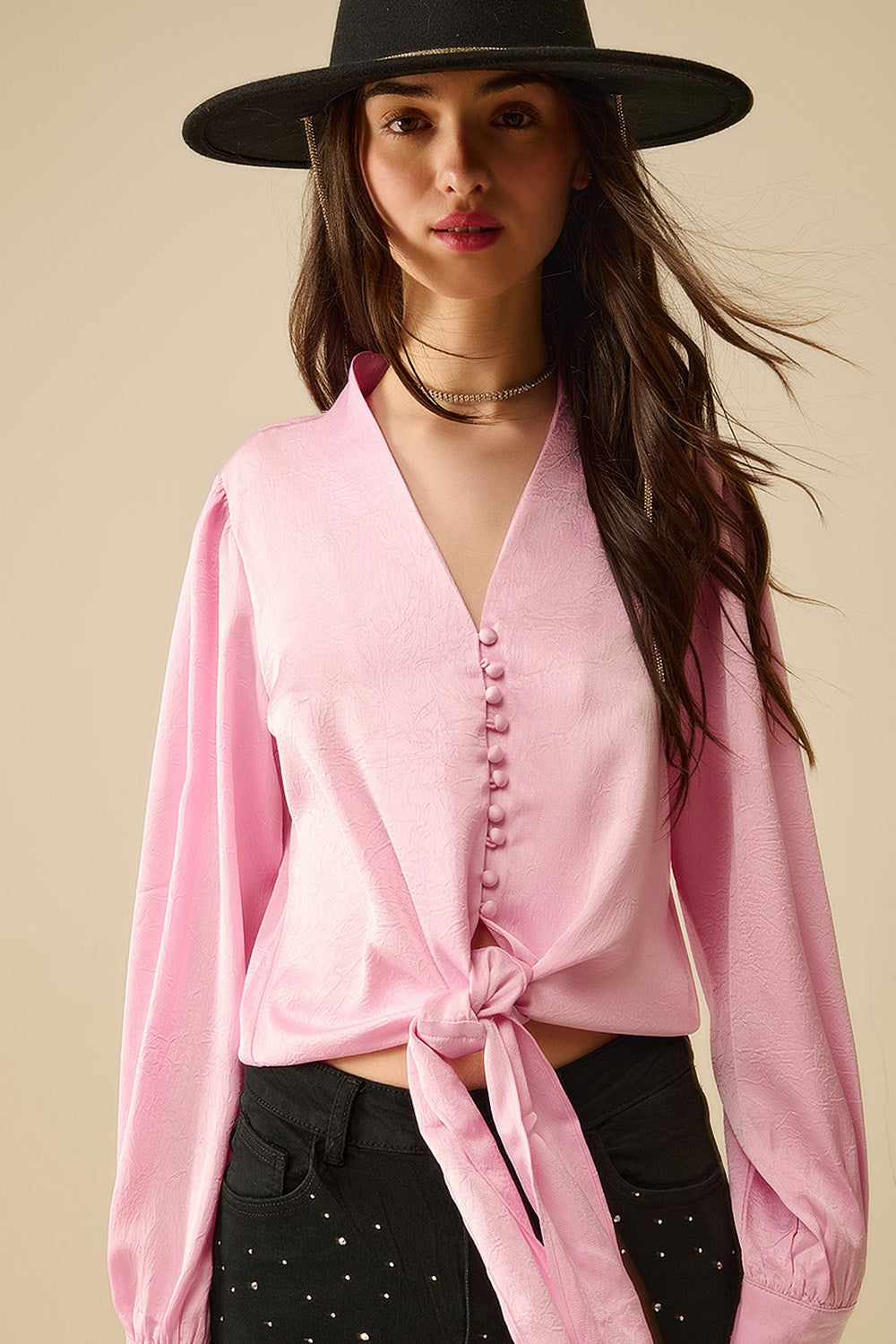 Camisa Corta En rosa Con nudo