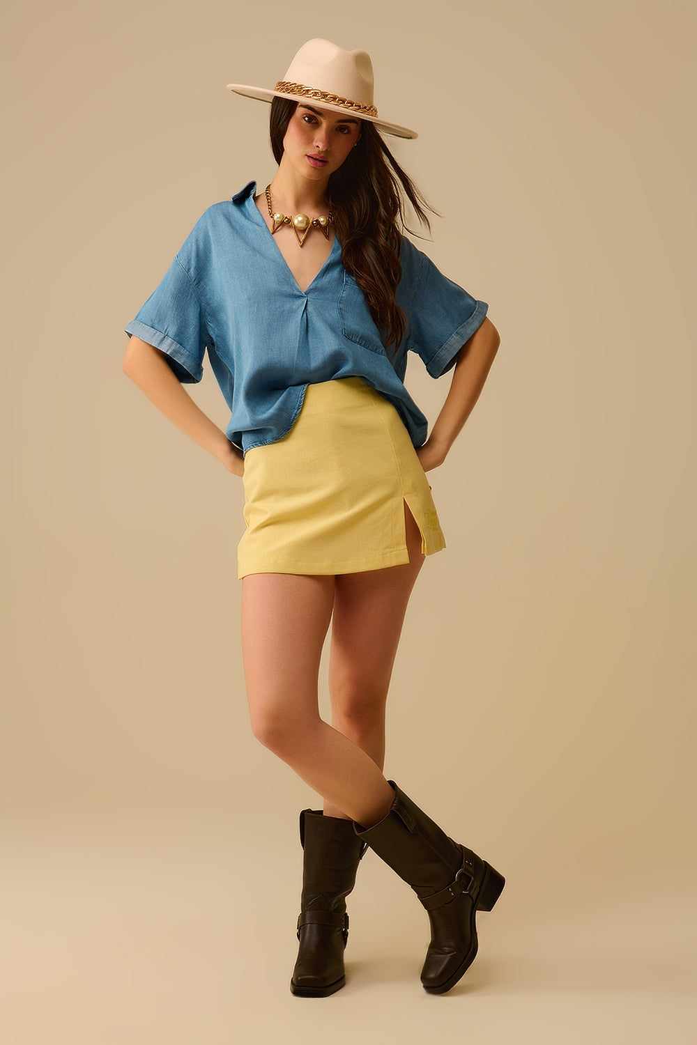 Camisa de manga corta de Tencel con bolsillo en el pecho en azul