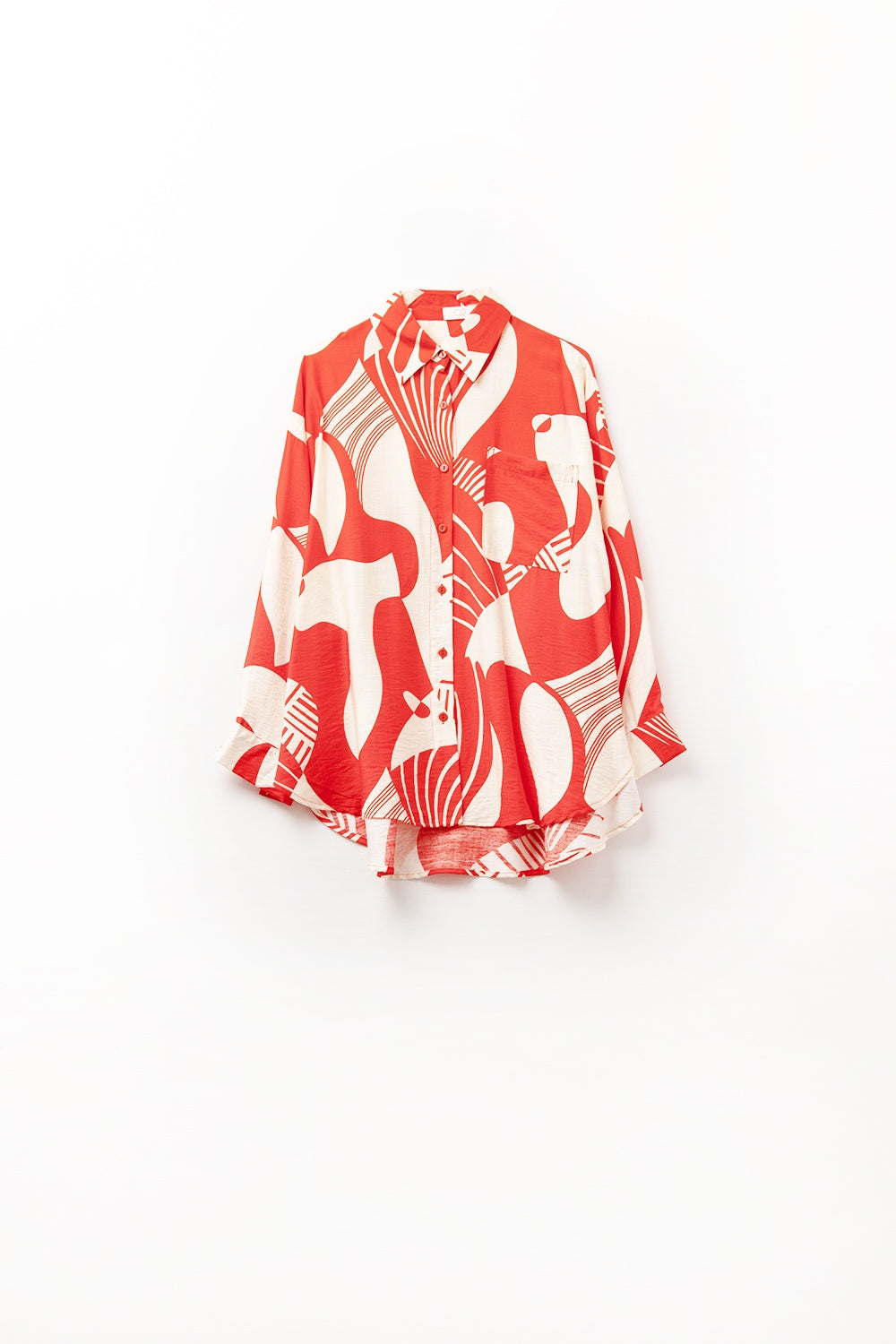 camisa de manga larga con estampado abstracto rojo y blanco, cuello polo y bolsillo en el pecho.