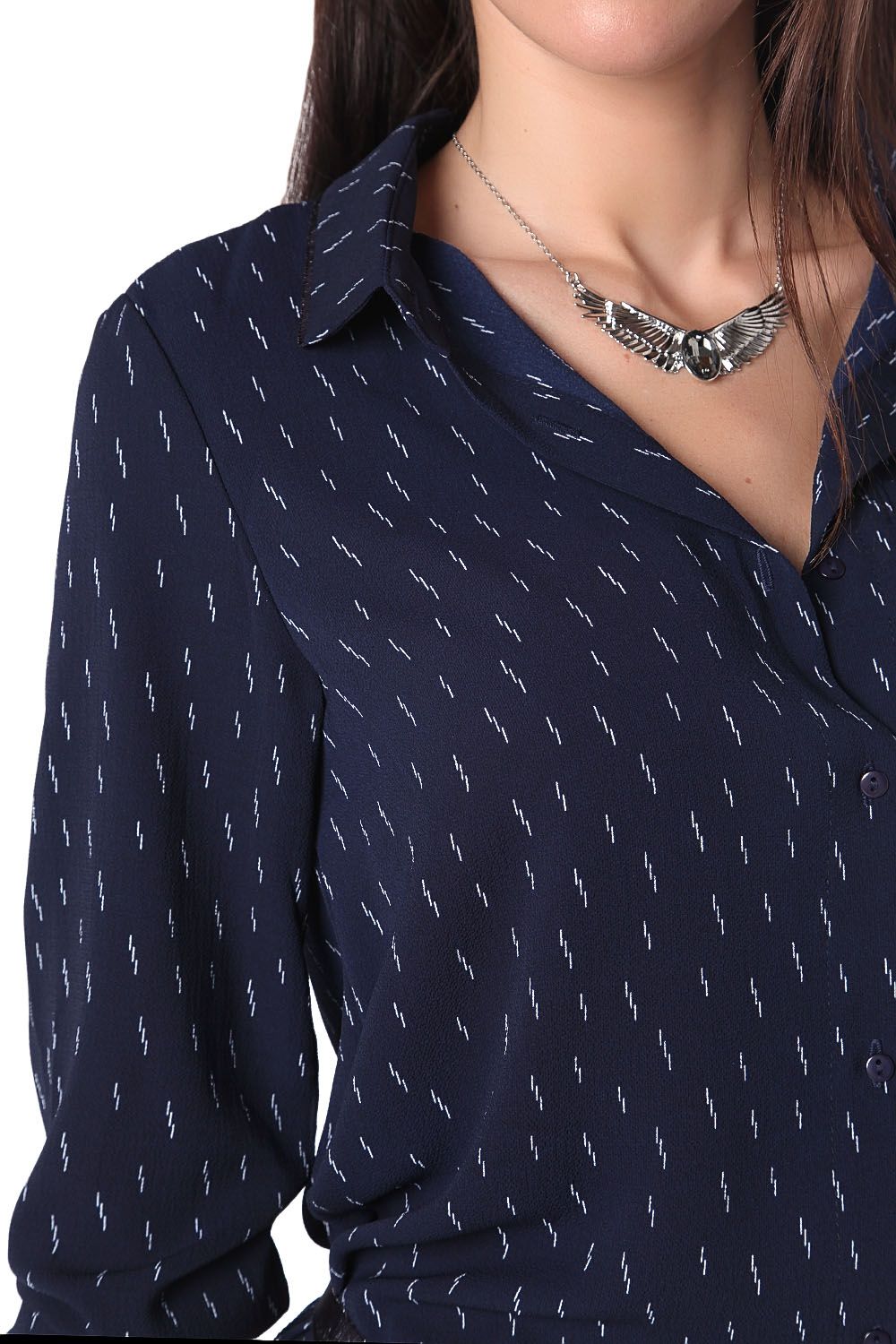 Camisa jaspeada azul marino con largo 3/4 y cordón ajustable
