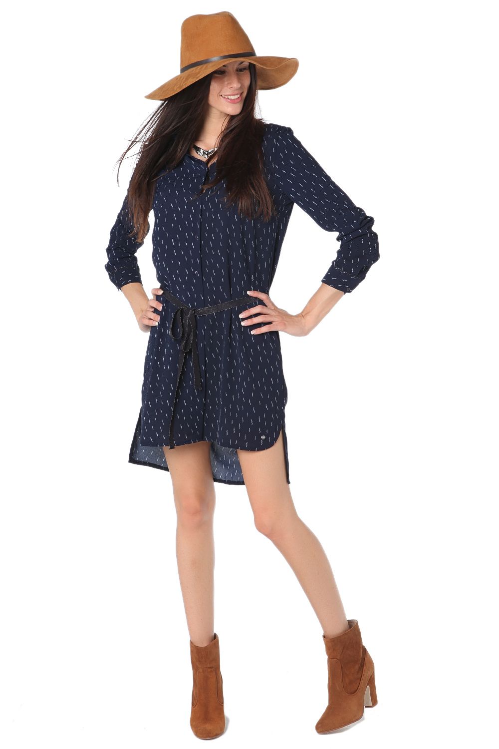 Camisa jaspeada azul marino con largo 3/4 y cordón ajustable