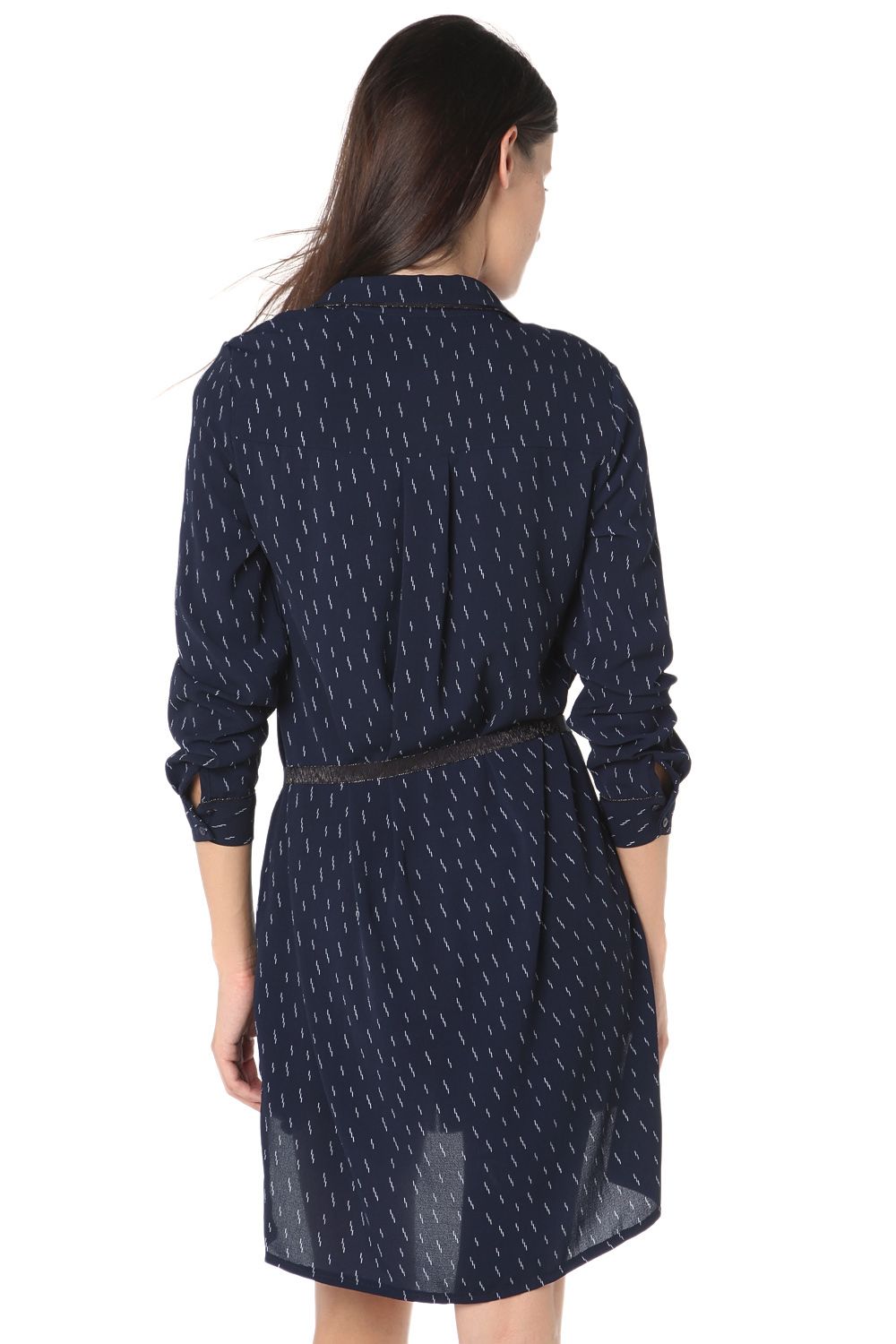 Camisa jaspeada azul marino con largo 3/4 y cordón ajustable