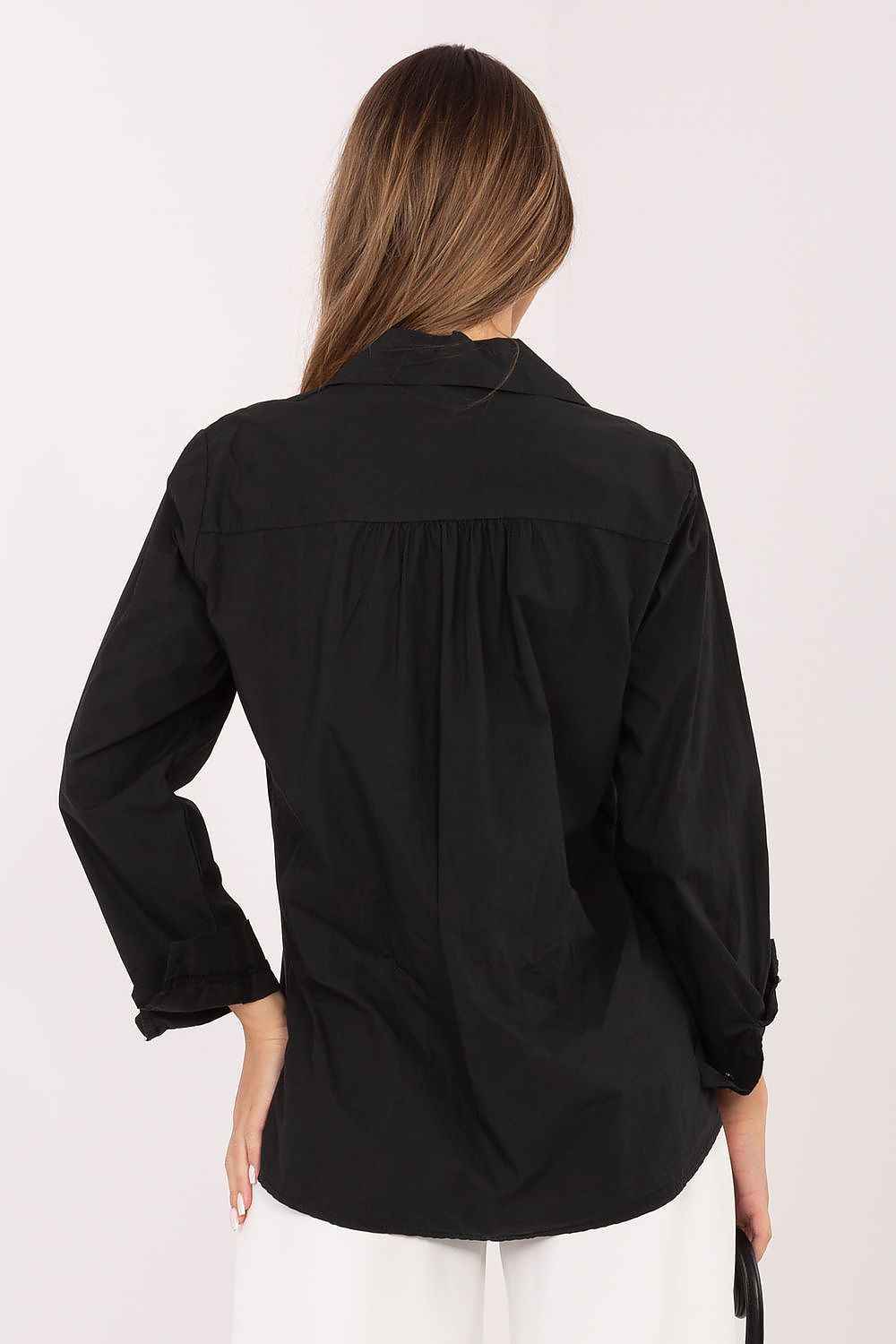 Camisa negra de algodón 100% para mujer, estilo básico relajado, talla única con cierre de botones.