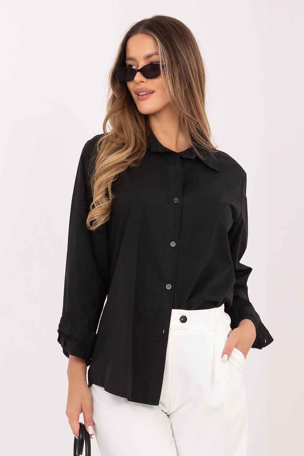 Camisa negra de algodón 100% para mujer, estilo básico relajado, talla única con cierre de botones.