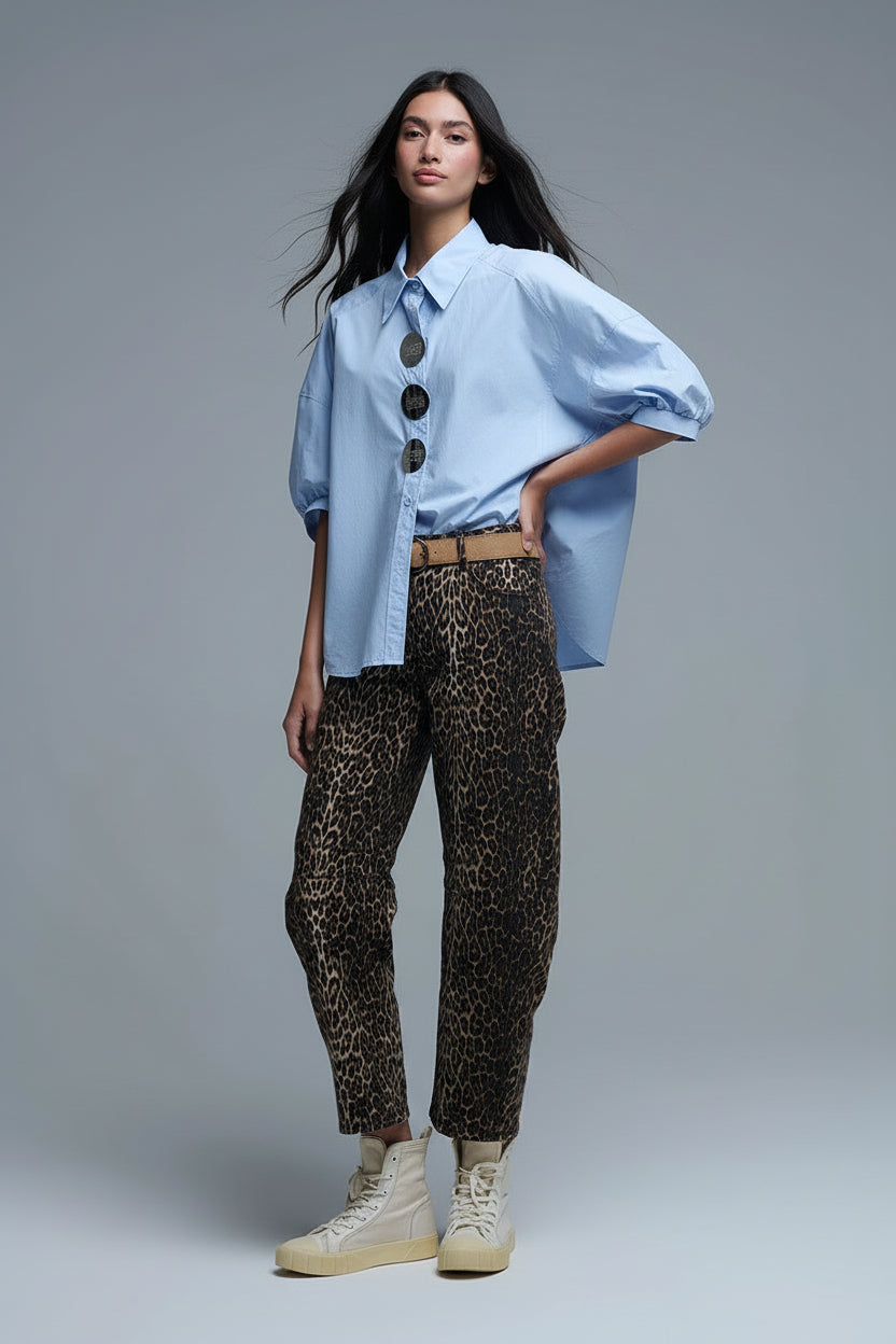 Camisa relajada de popelina de manga 3/4 con detalle de botones