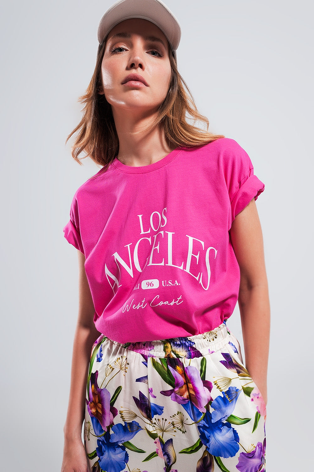 Camiseta fucsia con texto estampado Los Angeles