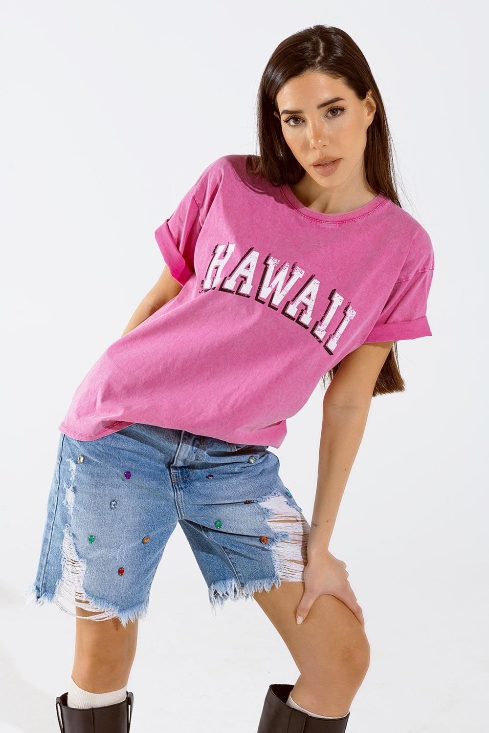 Camiseta Hawaii Efecto Lavado En Fuschia