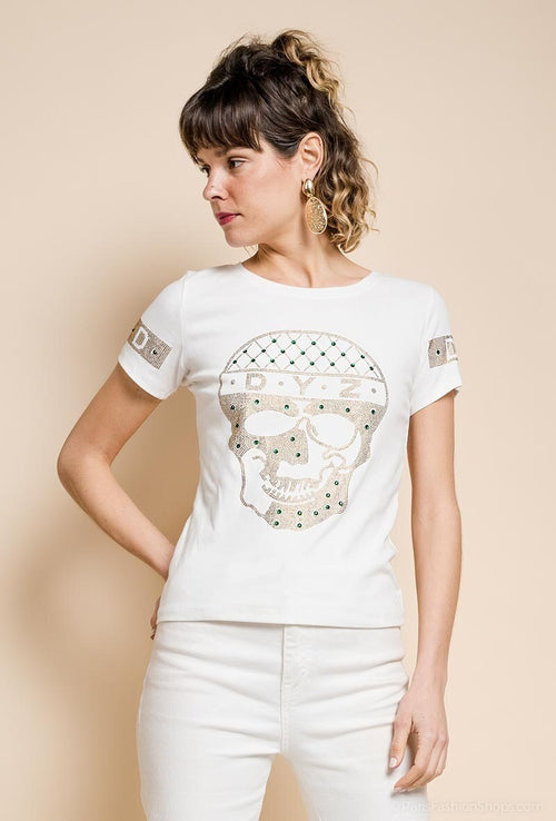 Camiseta blanca de algodón con diseño de calavera joya decorada con strass y detalles brillantes.
