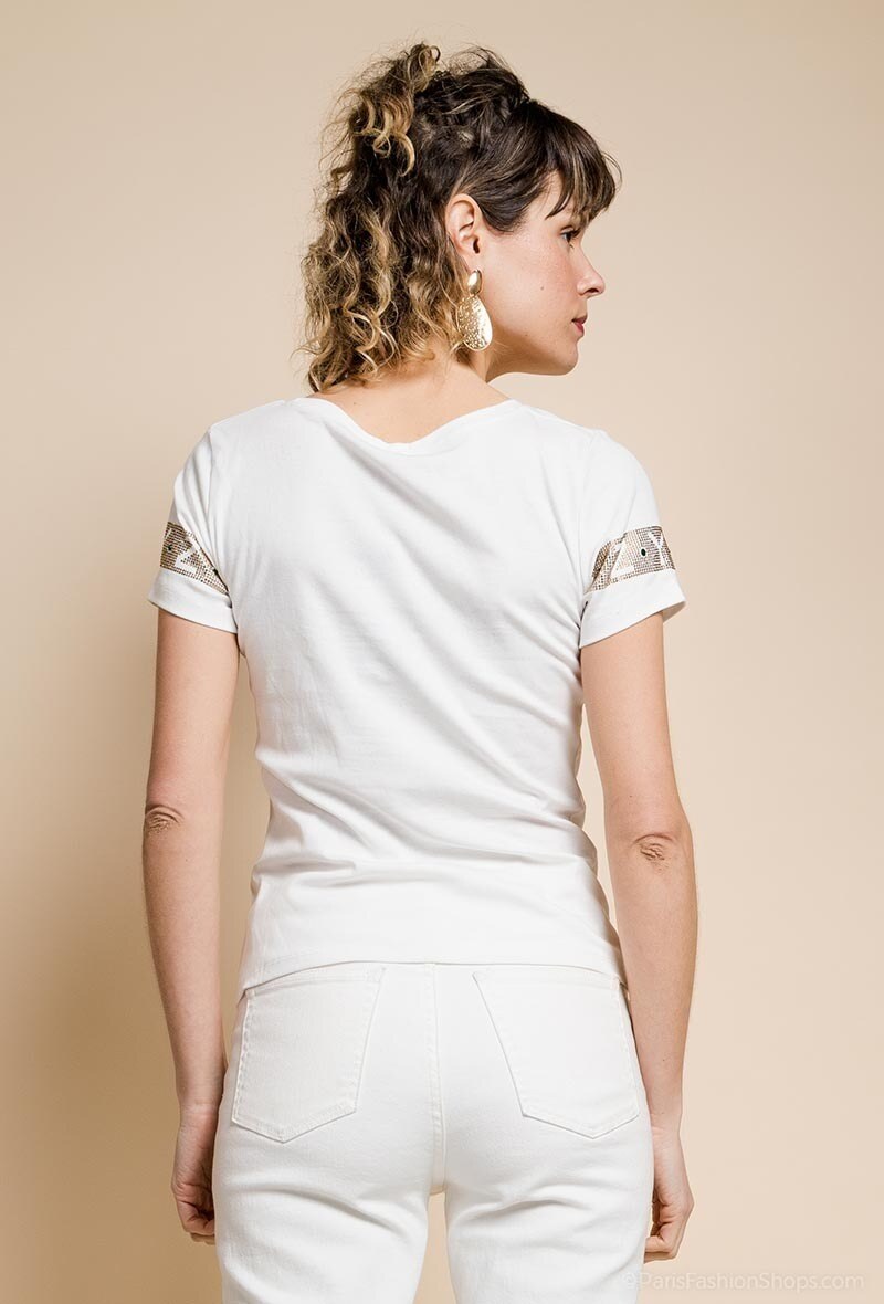 Camiseta blanca de algodón con diseño de calavera joya decorada con strass y detalles brillantes