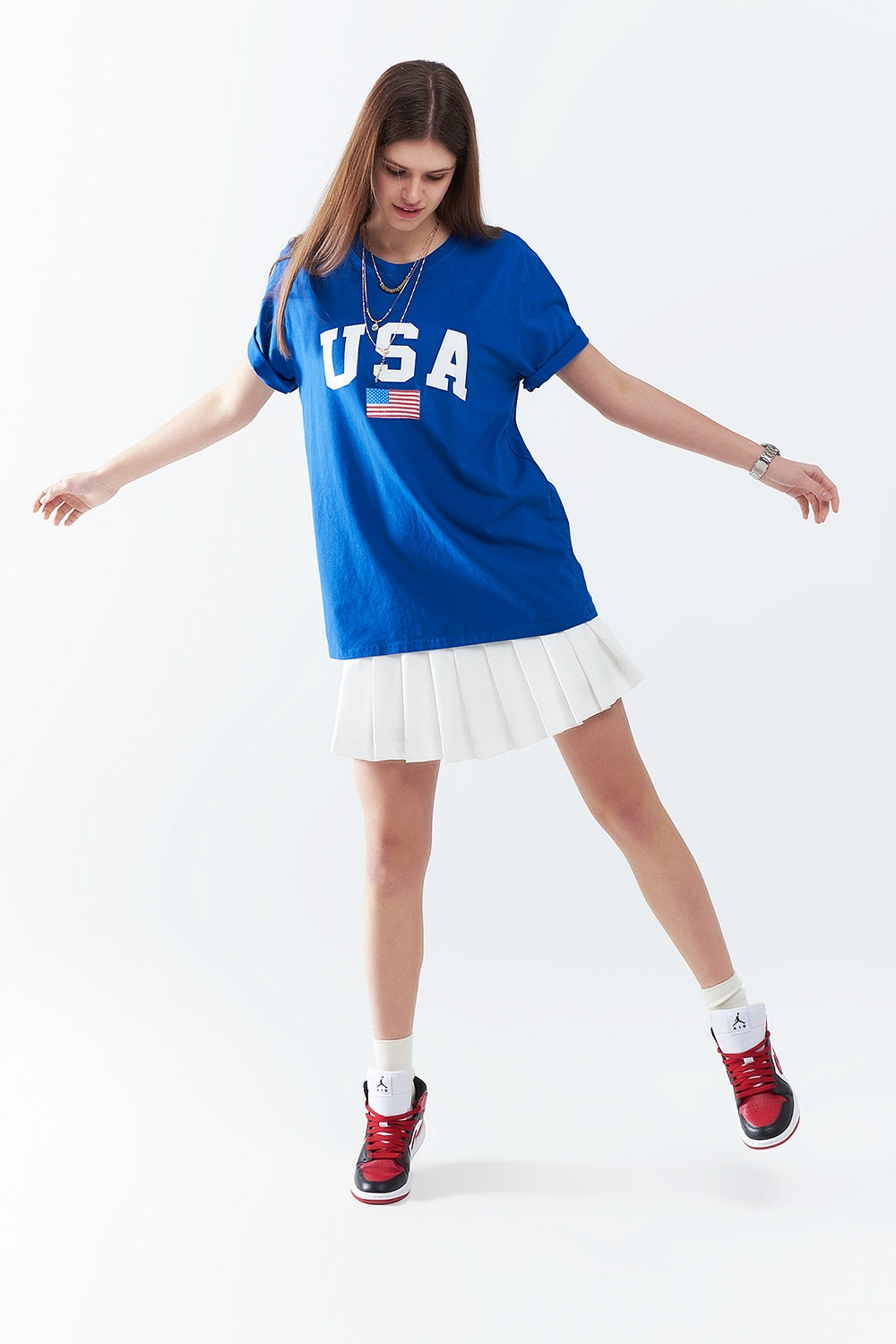 Camiseta larga holgada azul con logotipo de USA