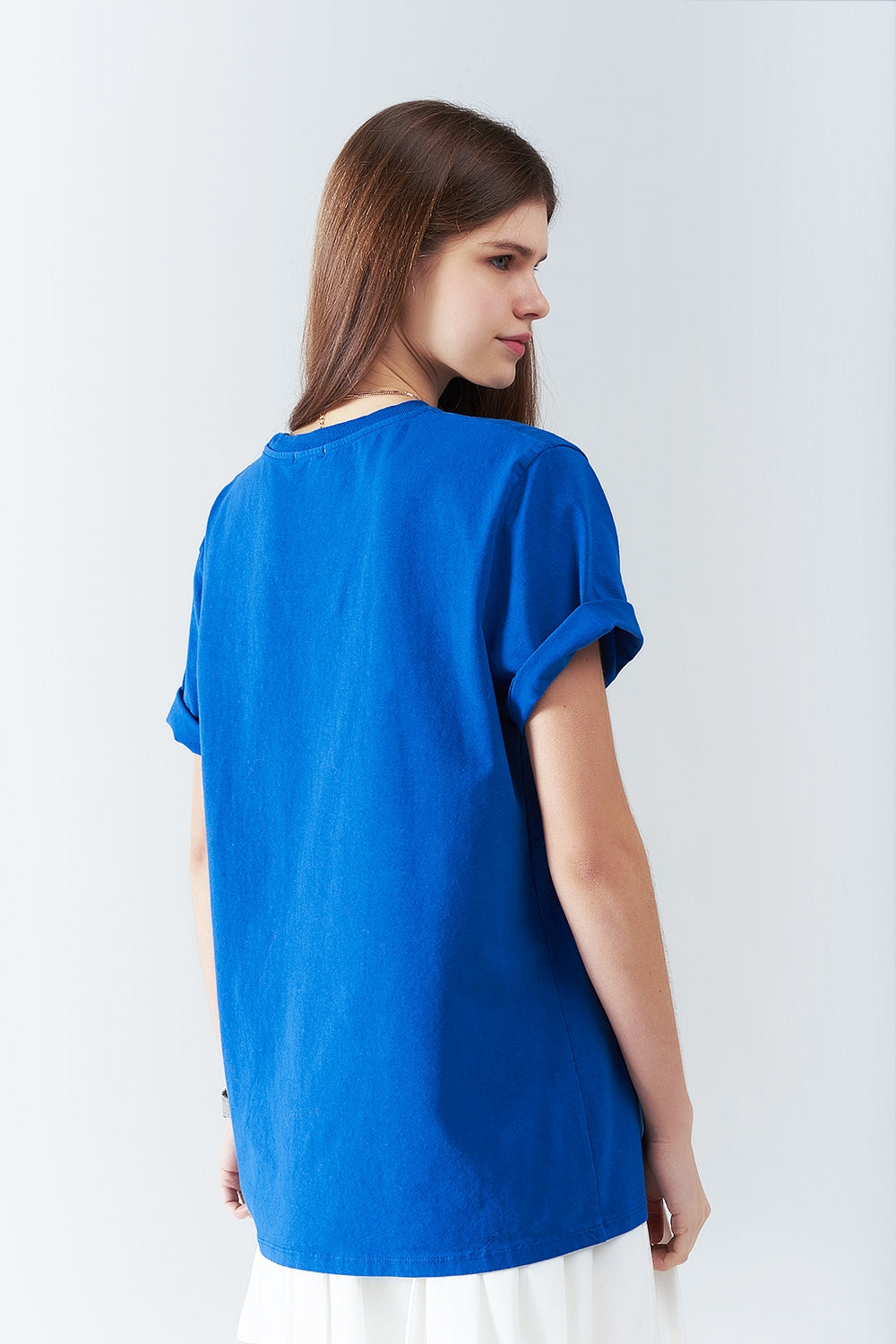 Camiseta larga holgada azul con logotipo de USA