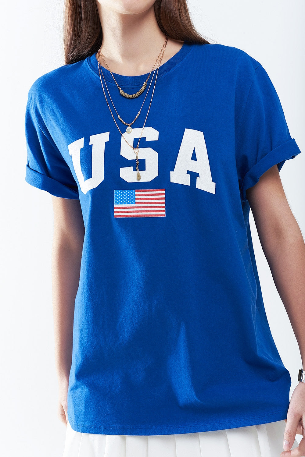 Camiseta larga holgada azul con logotipo de USA