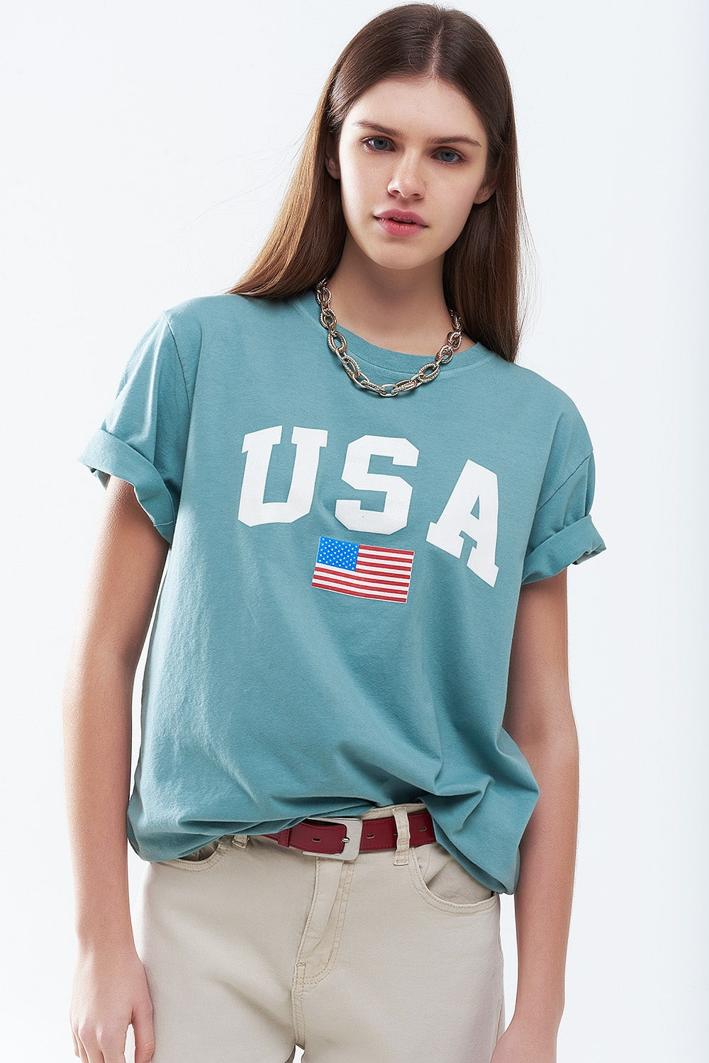 Q2 Camiseta larga suelta verde con logotipo de USA