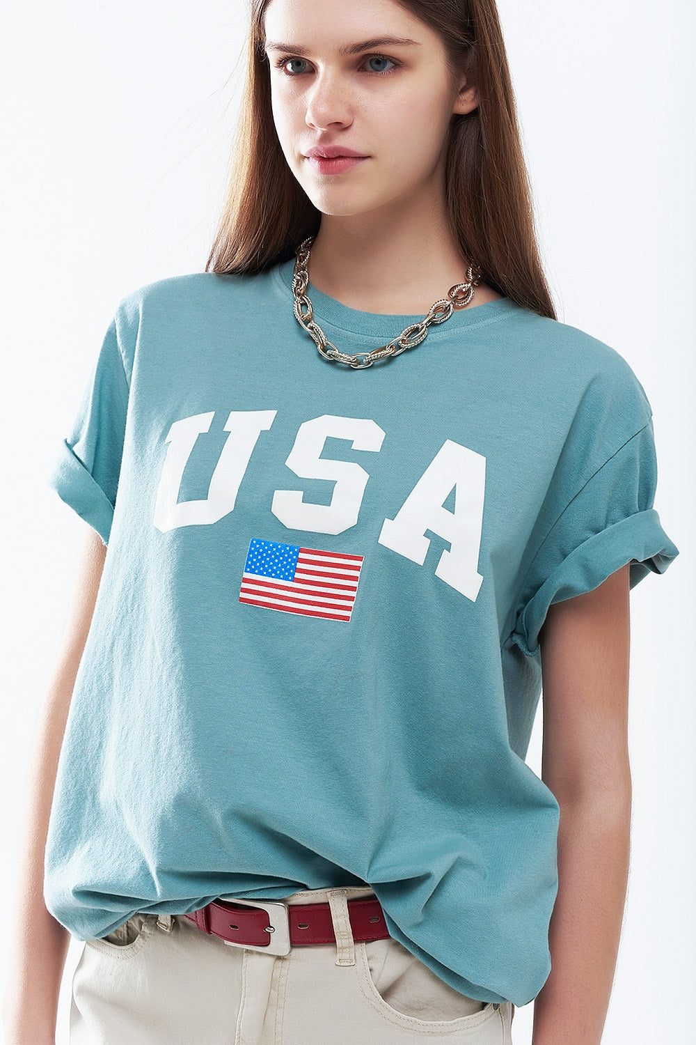 Camiseta larga suelta verde con logotipo de USA