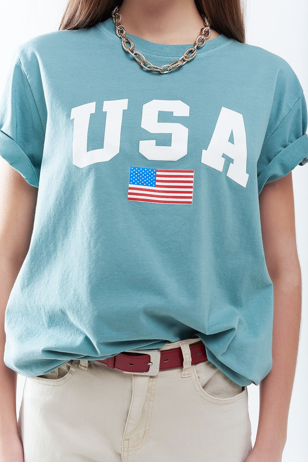 Camiseta larga suelta verde con logotipo de USA