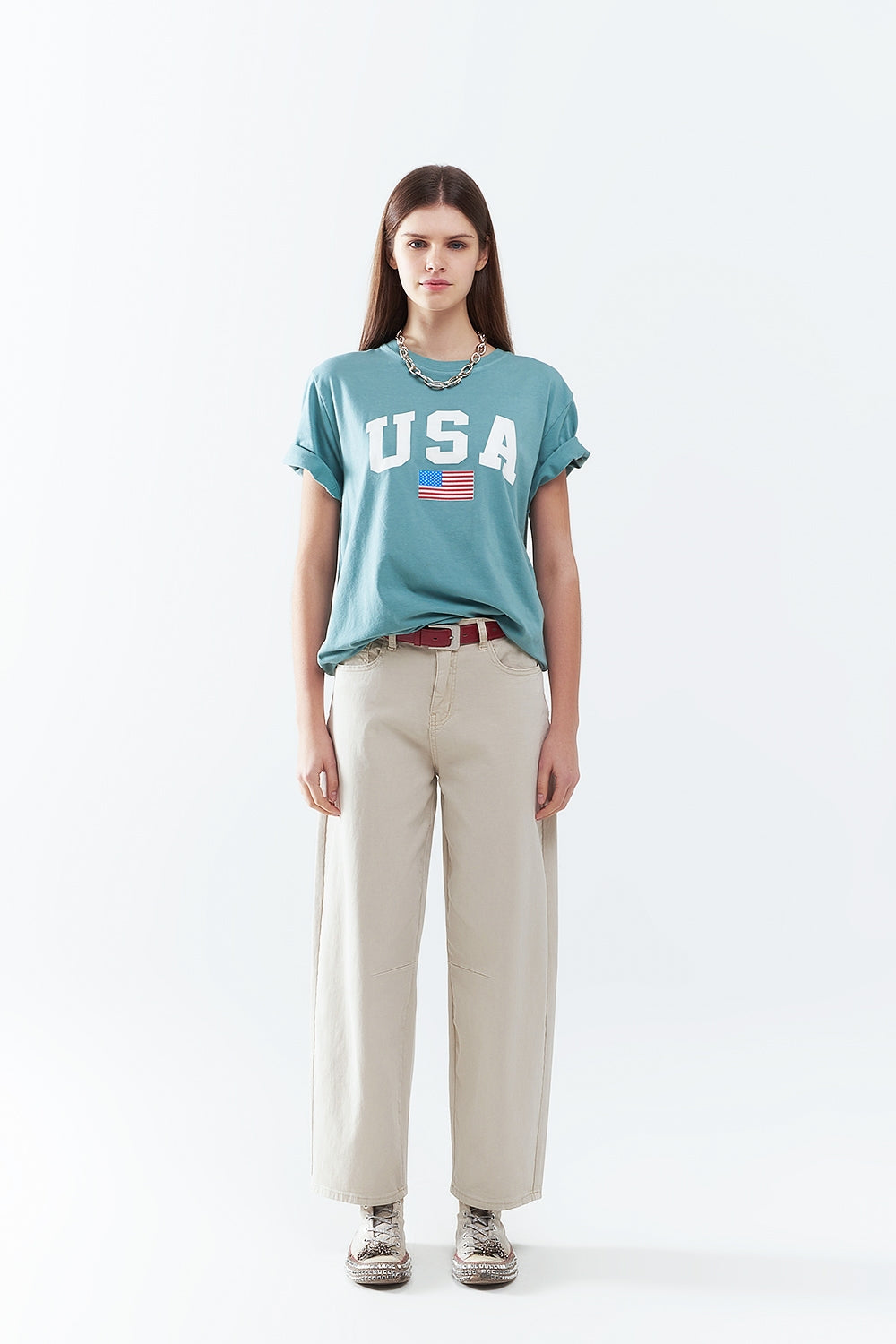 Camiseta larga suelta verde con logotipo de USA