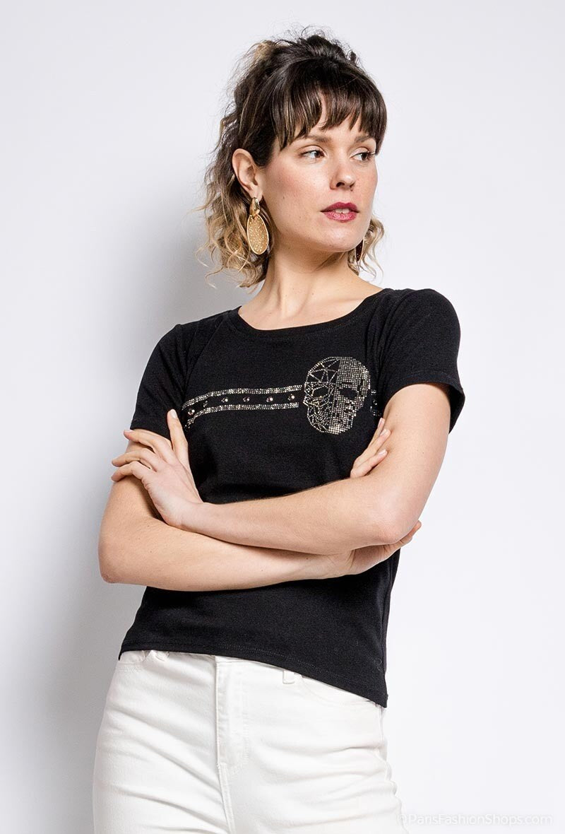 Camiseta negra de algodón para mujer con diseño de calavera brillante y manga corta.