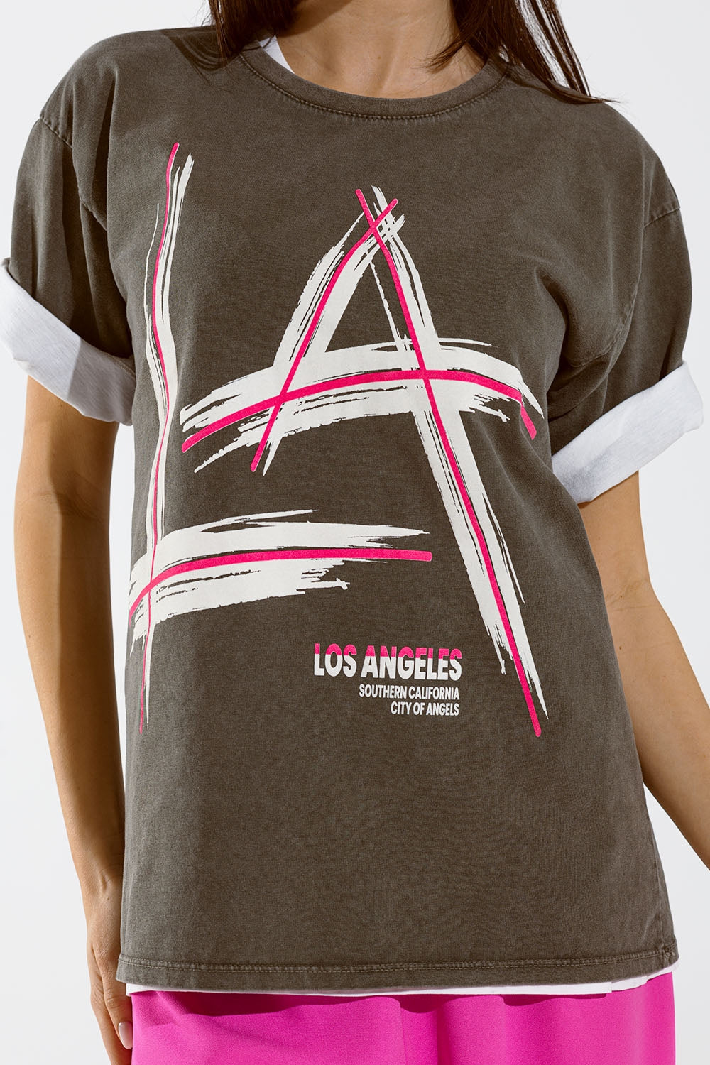 Camiseta oversize gris Estampados LA Los Angeles Los Angeles en rosa y blanco