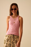 Q2 Camiseta rosa sin mangas de punto de algodón elástico acanalado