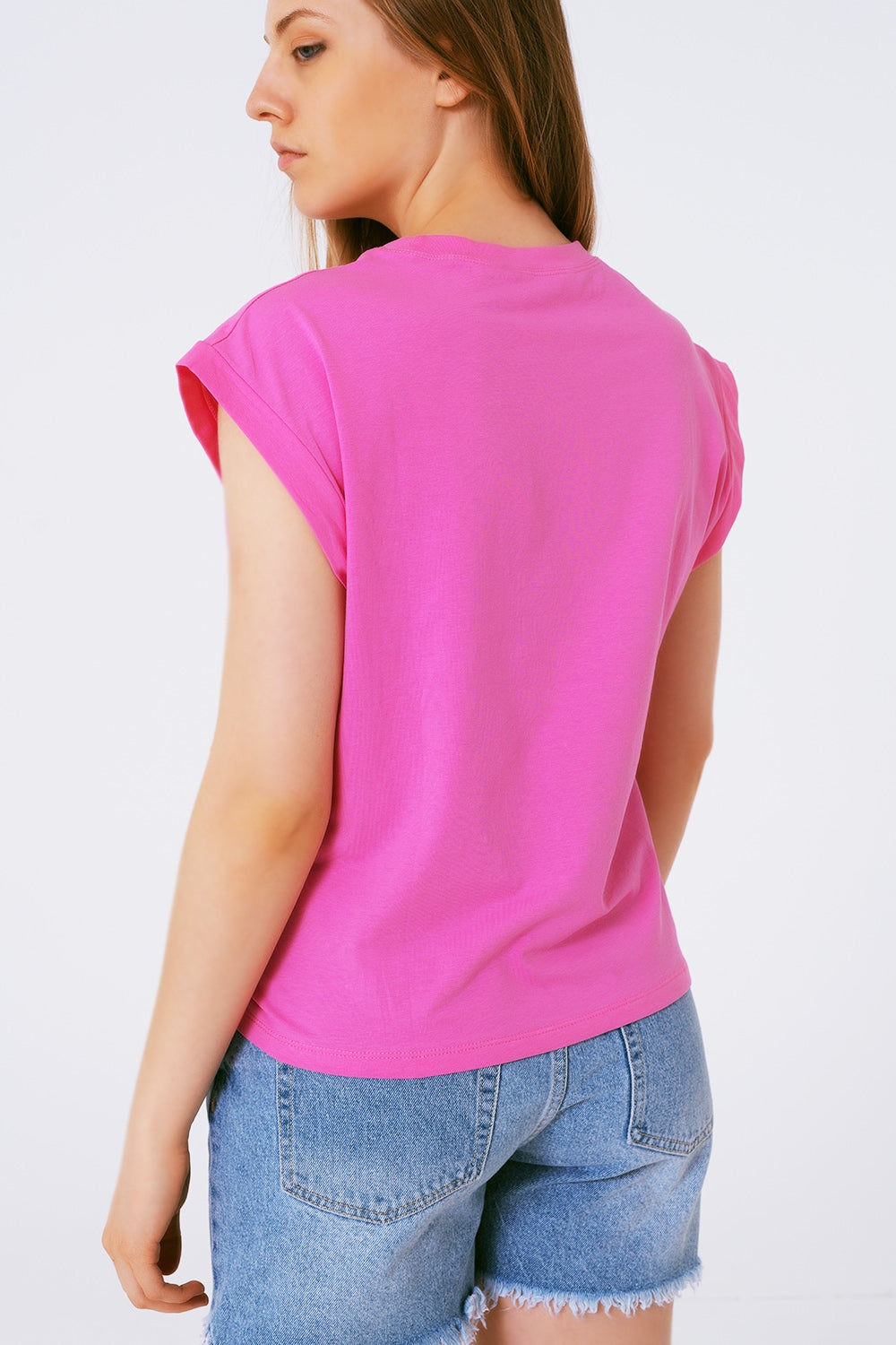Camisetas Rosa Camiseta Estilo sin mangas Detalle en Strass