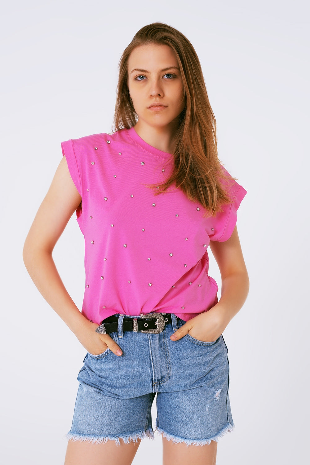 Q2 Camisetas Rosa Camiseta Estilo sin mangas Detalle en Strass