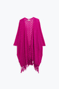 Q2 Cárdigan abierto fucsia con flecos en los extremos y mangas 3/4