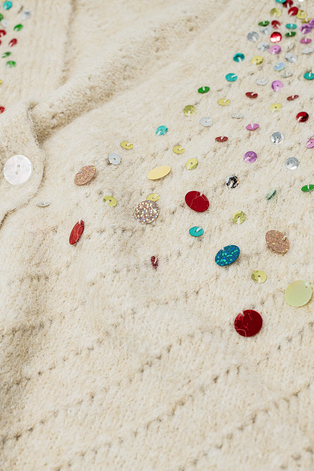 Cárdigan con cuello en V y lentejuelas bordadas multicolor en beige