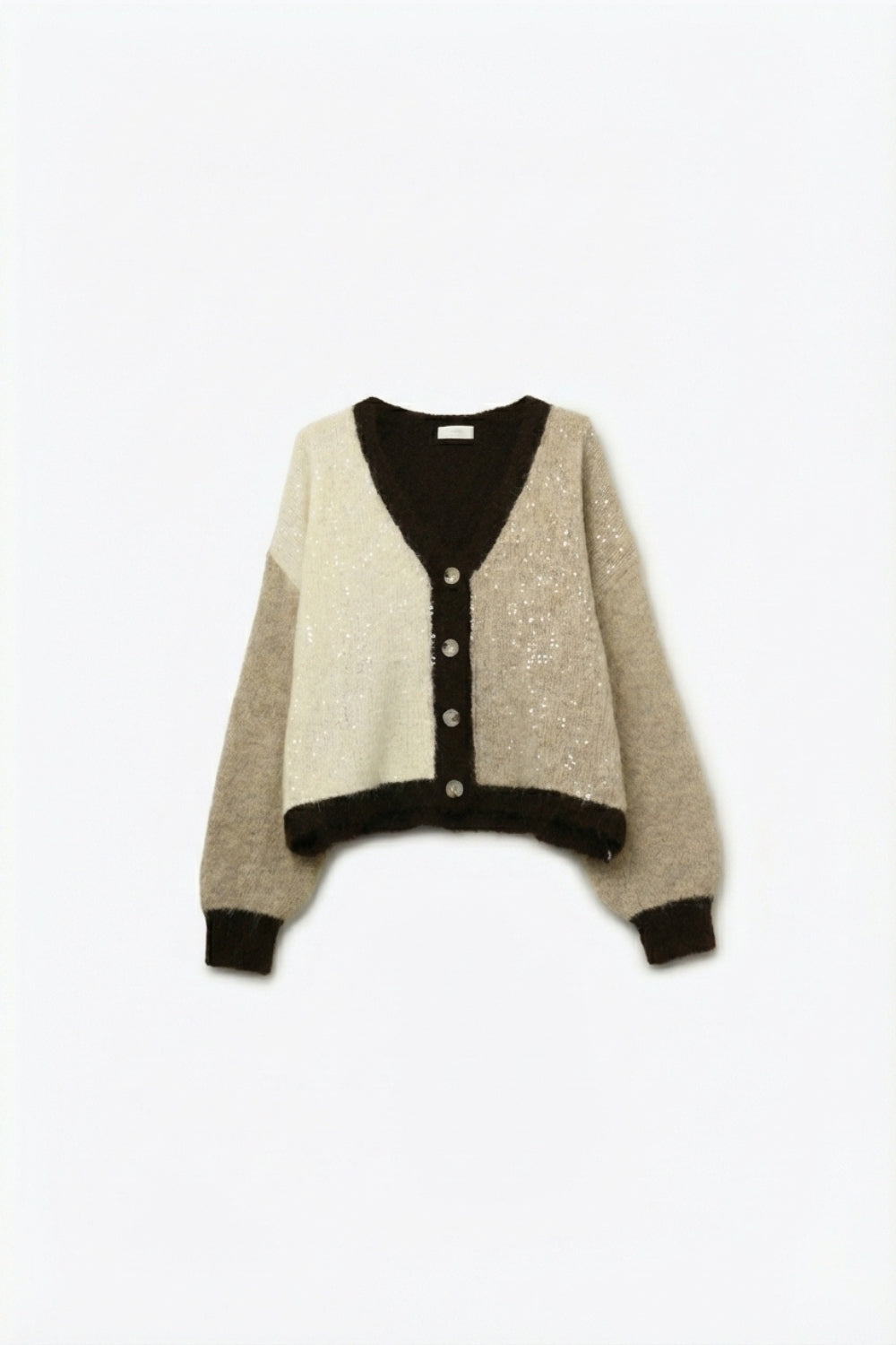 Cárdigan con cuello en V y lentejuelas en colores beige y marrón