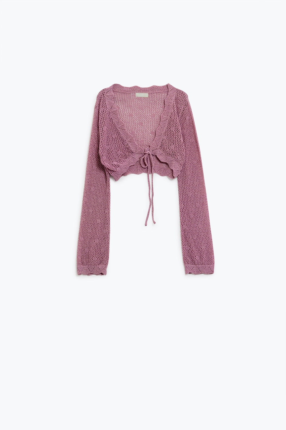 cárdigan corto lila de ganchillo con detalle de lúrex