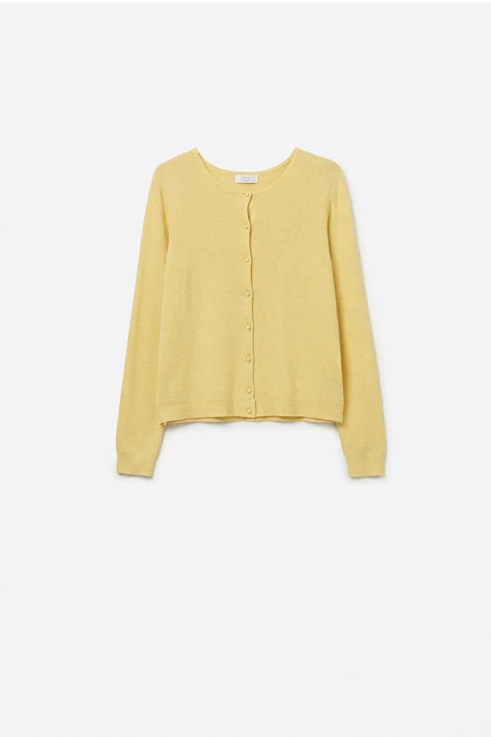 cárdigan de punto de canalé amarillo suave con botones de nácar 