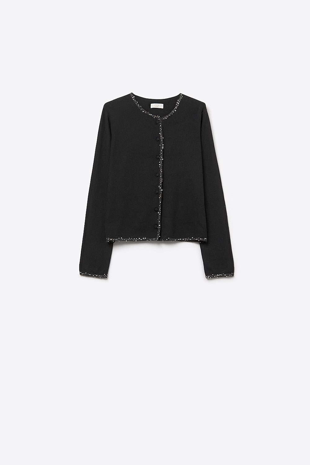 cárdigan negro de punto fino con detalle de strass