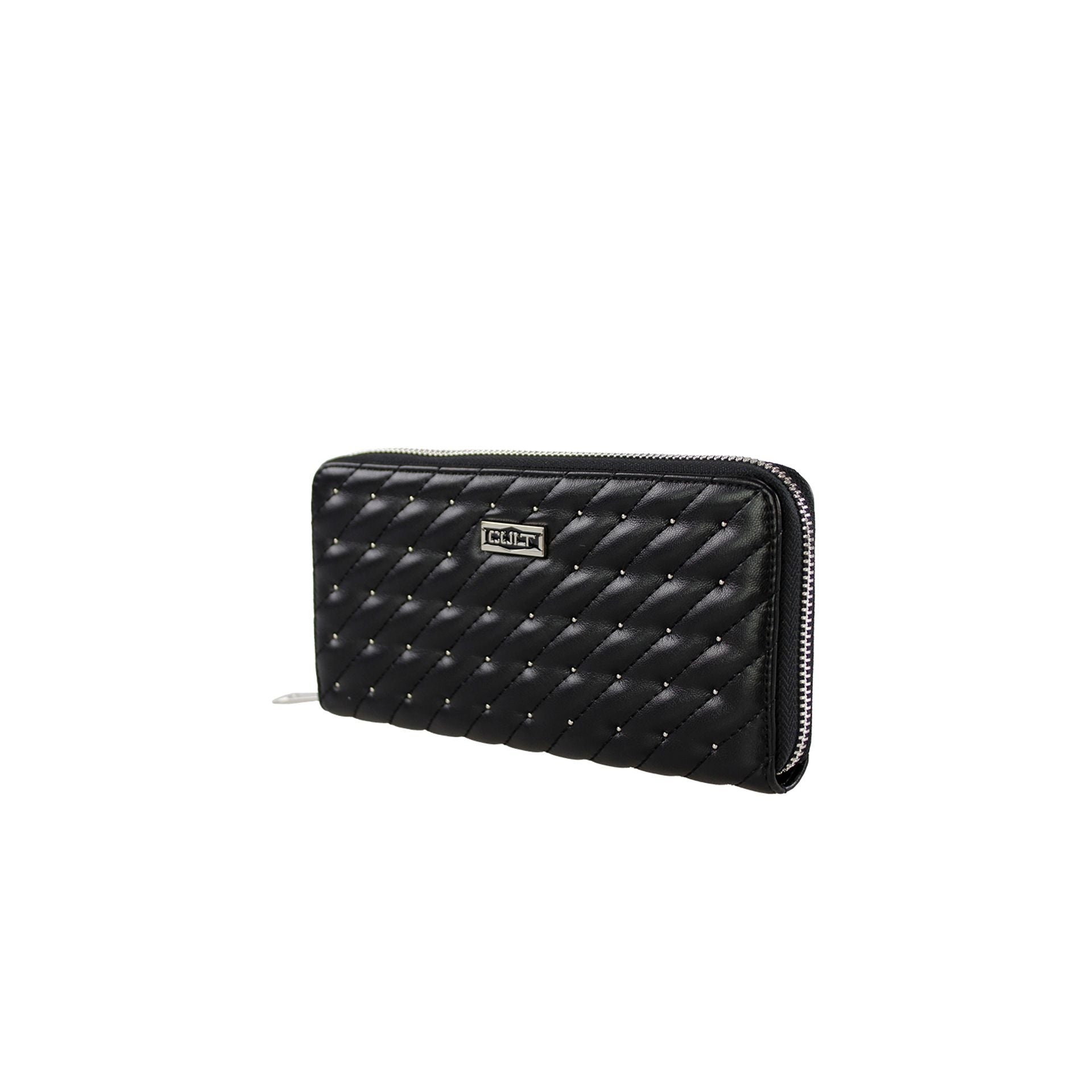 Cartera CULT negra acolchada con cierre de cremallera frontal.