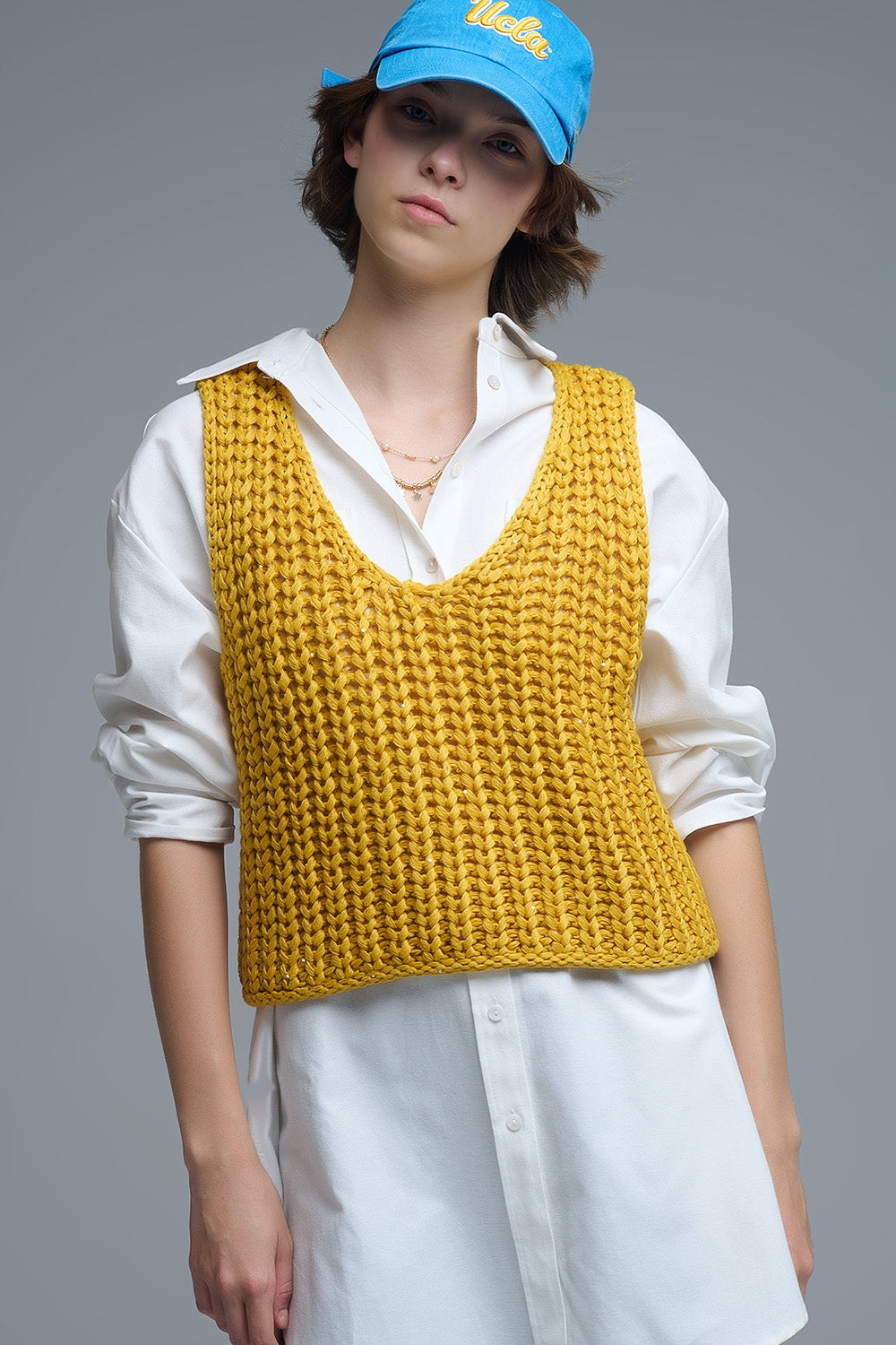 Chaleco Crochet Amarillo Con Hilo De Lentejuelas